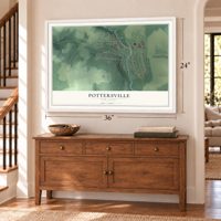 Pottersville, New Jersey map, 24 x 36 inch print in a white frame above a dresser by a staircase