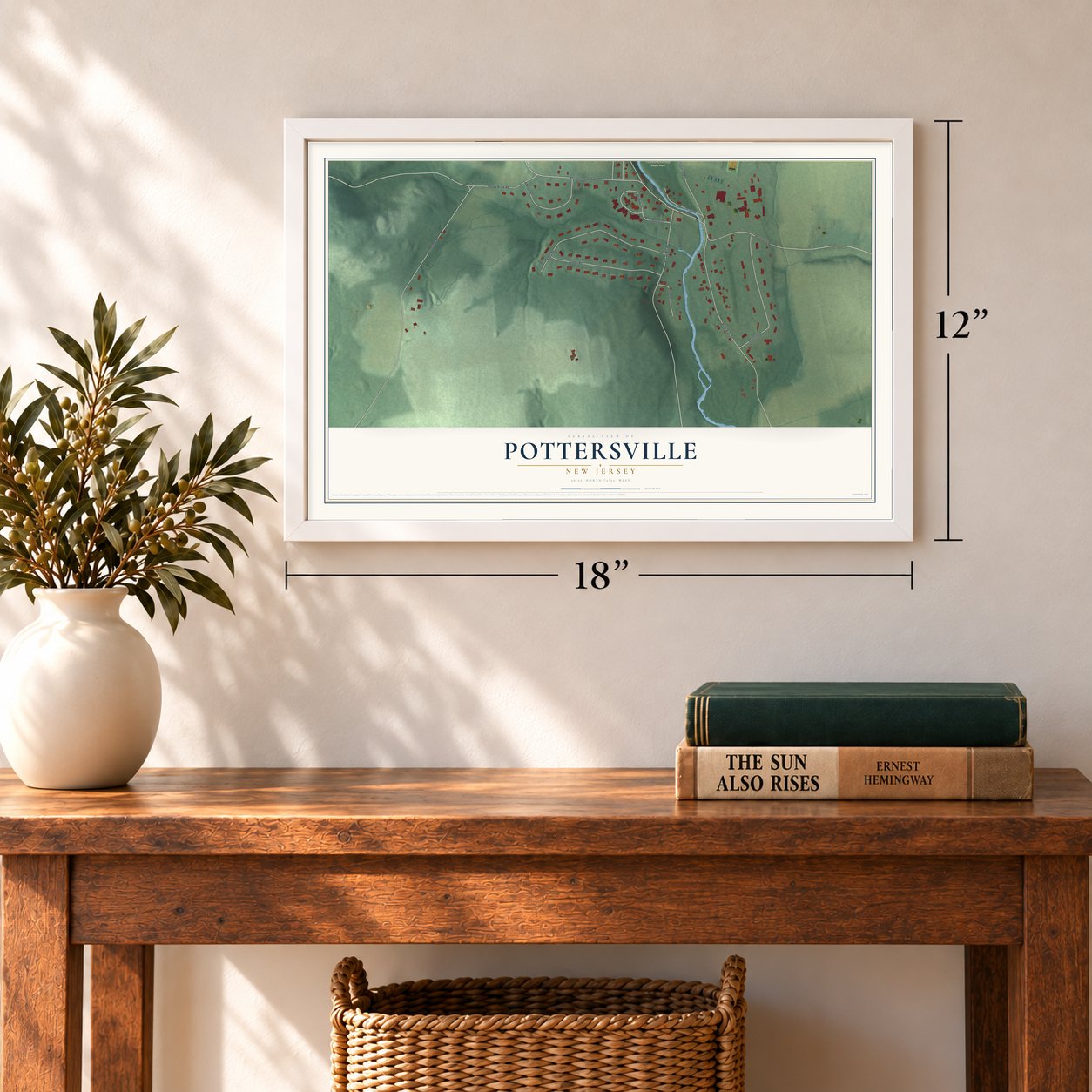 Pottersville, New Jersey map, 12 x 18 inch print in a white frame in an entryway