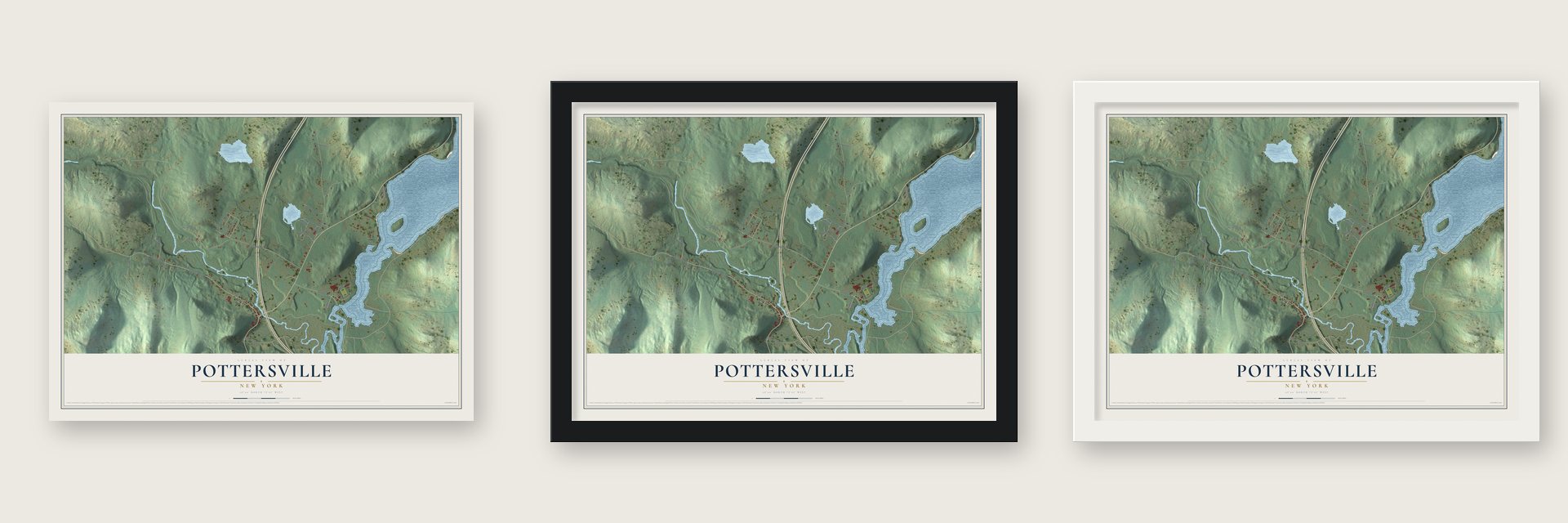 Pottersville, New York map unframed, in a black wood frame and in a white wood frame