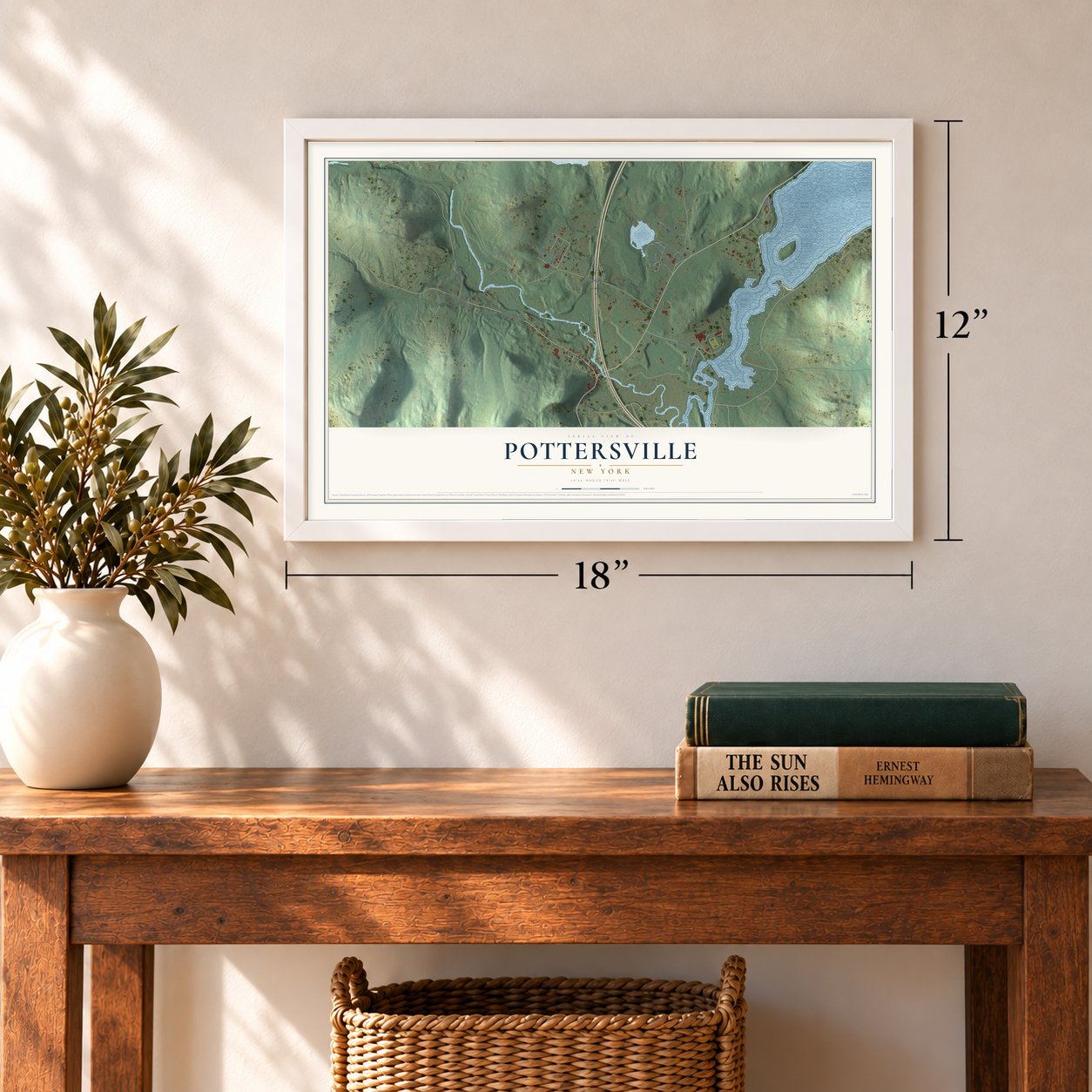 Pottersville, New York map, 12 x 18 inch print in a white frame in an entryway