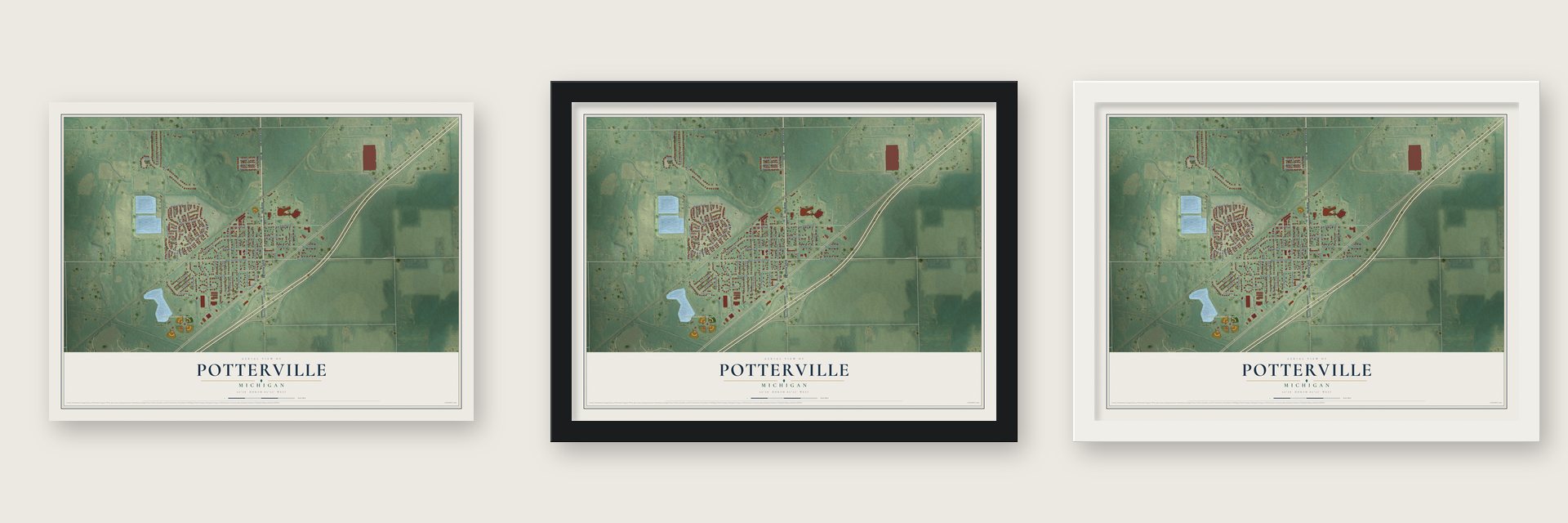 Potterville, Michigan map unframed, in a black wood frame and in a white wood frame