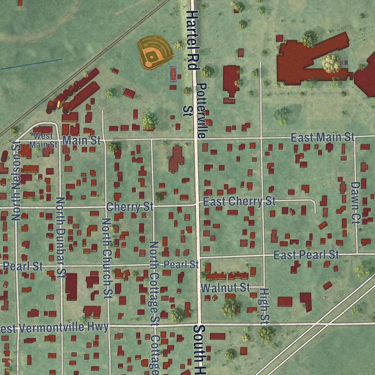 Second close-up of the map of Potterville, Michigan print showing more streets and buildings