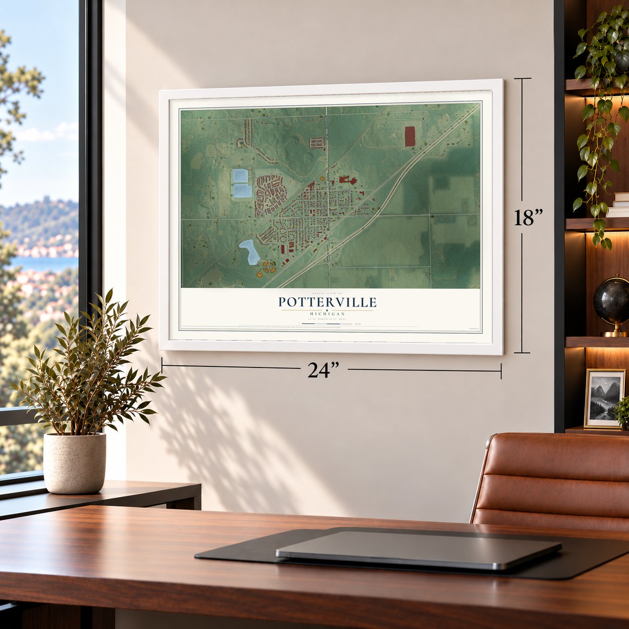 Potterville, Michigan map, 18 x 24 inch print in a white frame in a home office