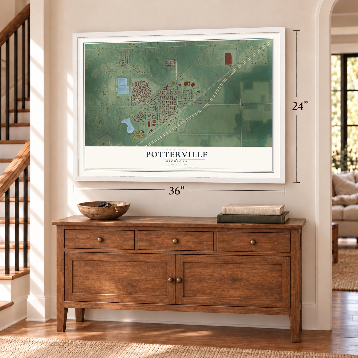 Potterville, Michigan map, 24 x 36 inch print in a white frame above a dresser by a staircase