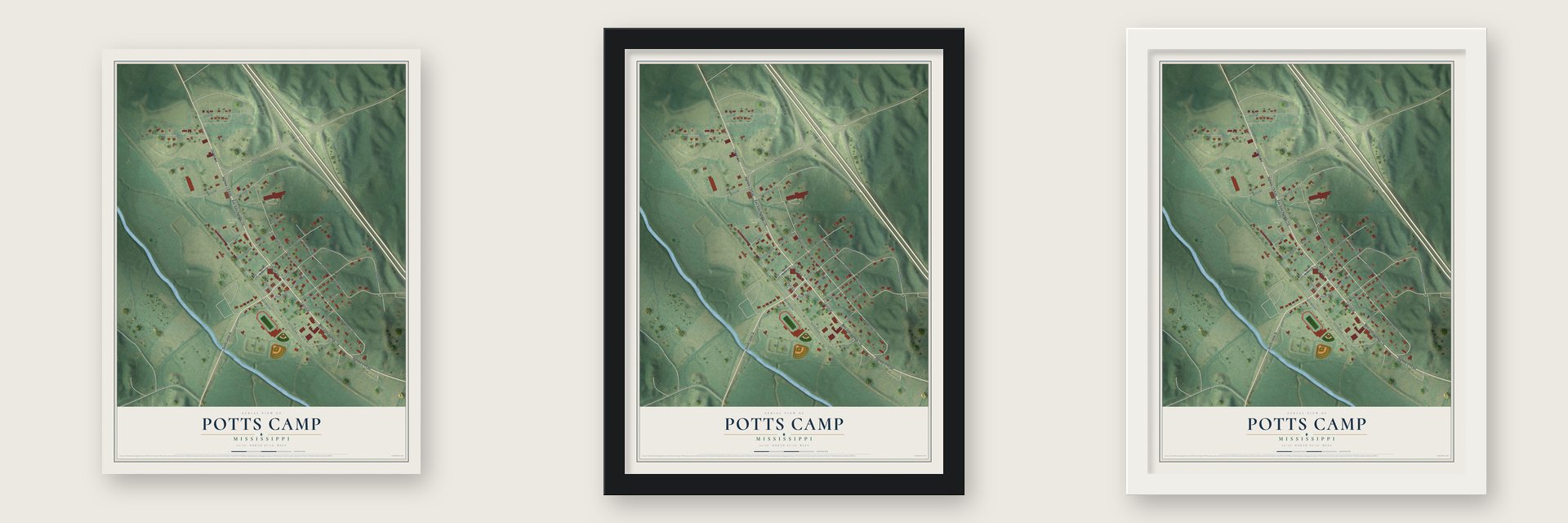 Potts Camp, Mississippi map unframed, in a black wood frame and in a white wood frame