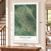 Potts Camp, Mississippi map, 24 x 36 inch print in a white frame by a staircase