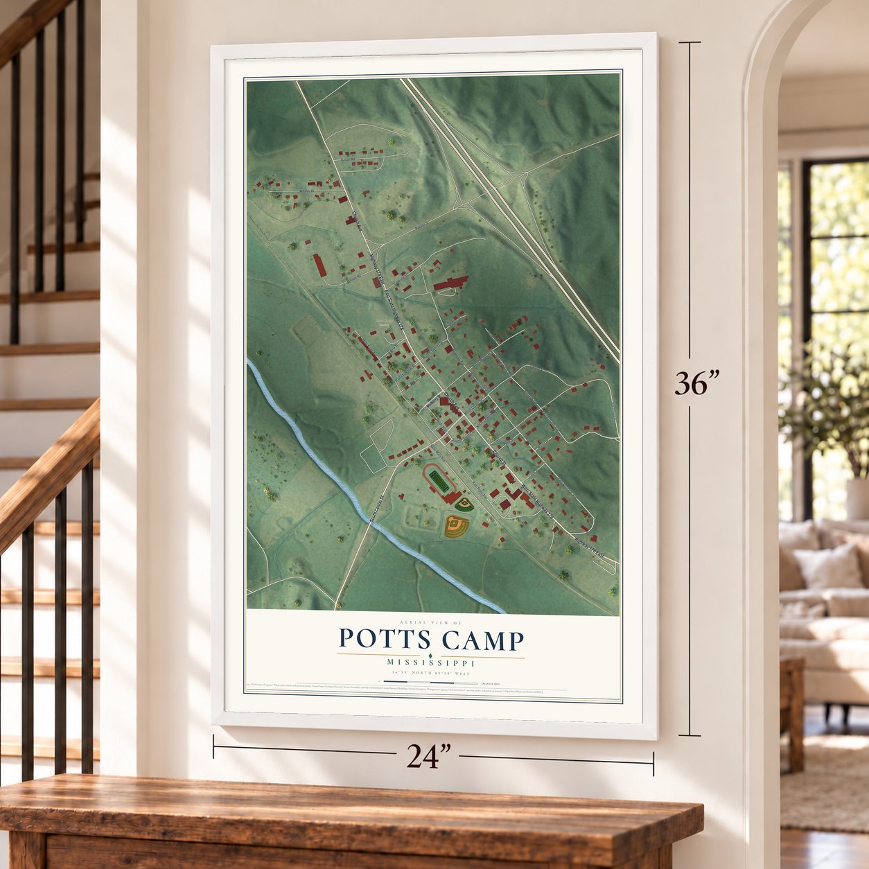 Potts Camp, Mississippi map, 24 x 36 inch print in a white frame by a staircase