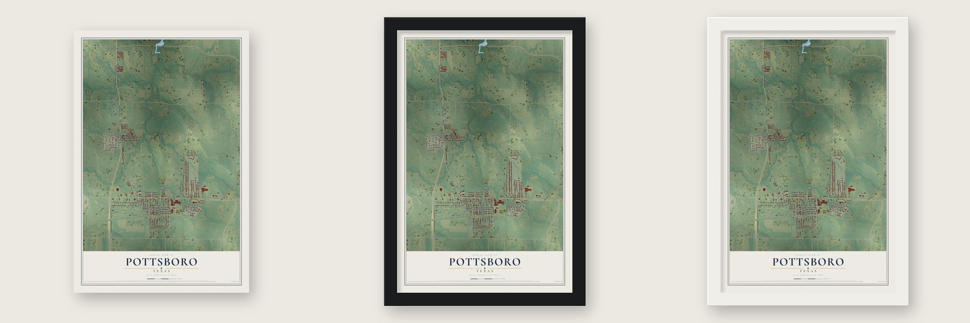 Pottsboro, Texas map unframed, in a black wood frame and in a white wood frame