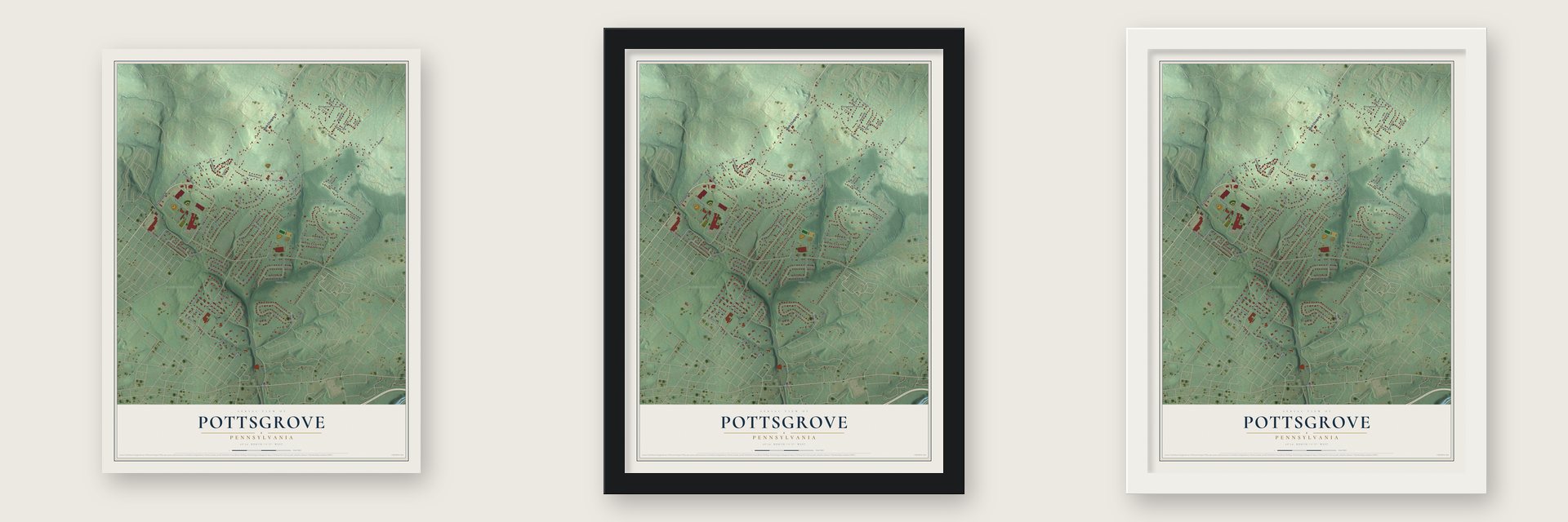 Pottsgrove, Pennsylvania map unframed, in a black wood frame and in a white wood frame