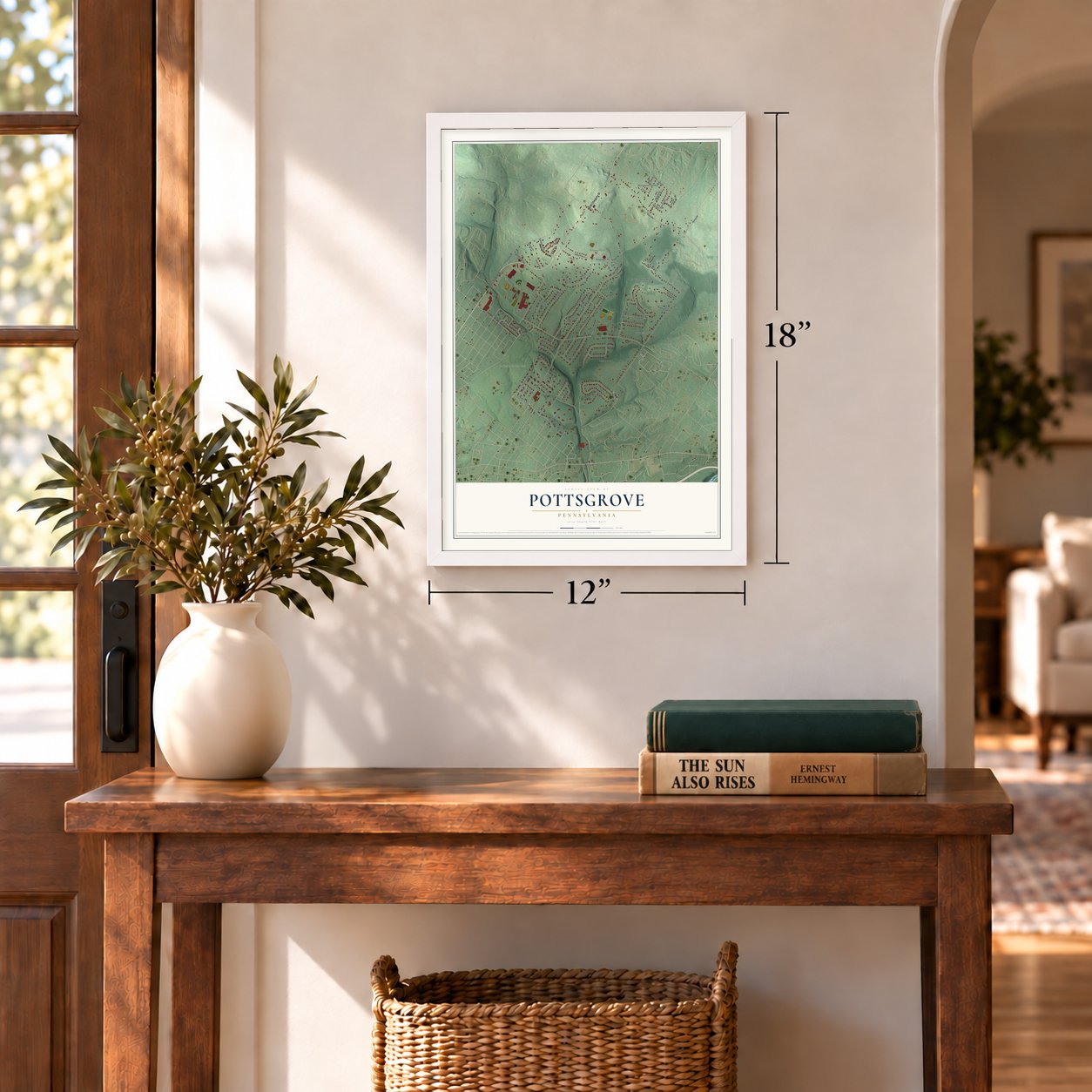 Pottsgrove, Pennsylvania map, 12 x 18 inch print in a white frame in an entryway