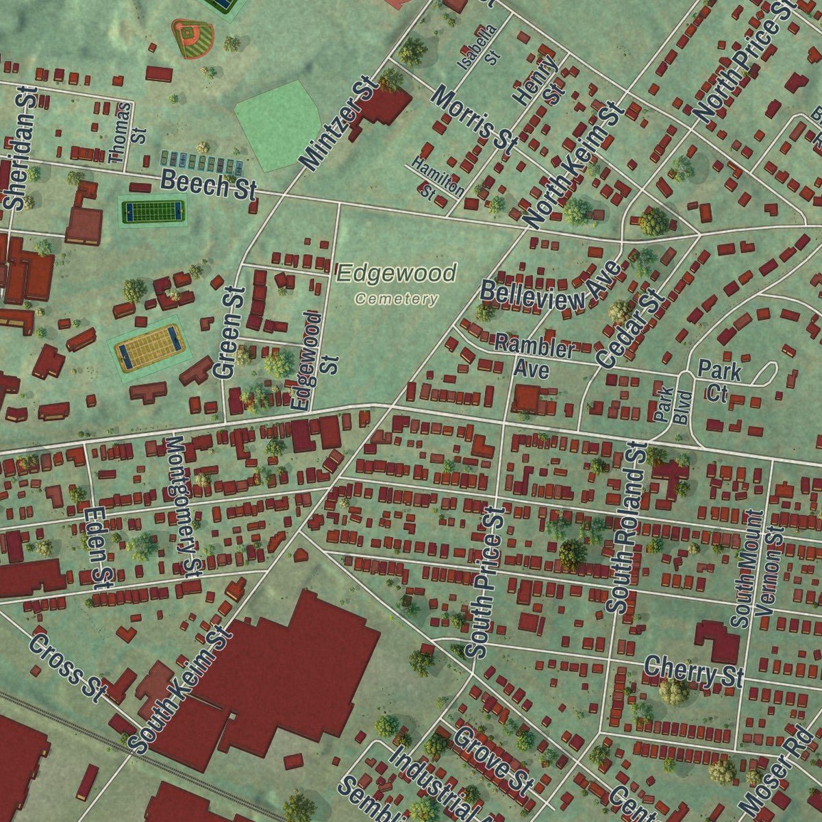 Second close-up of the map of Pottstown, Pennsylvania print showing more streets and buildings