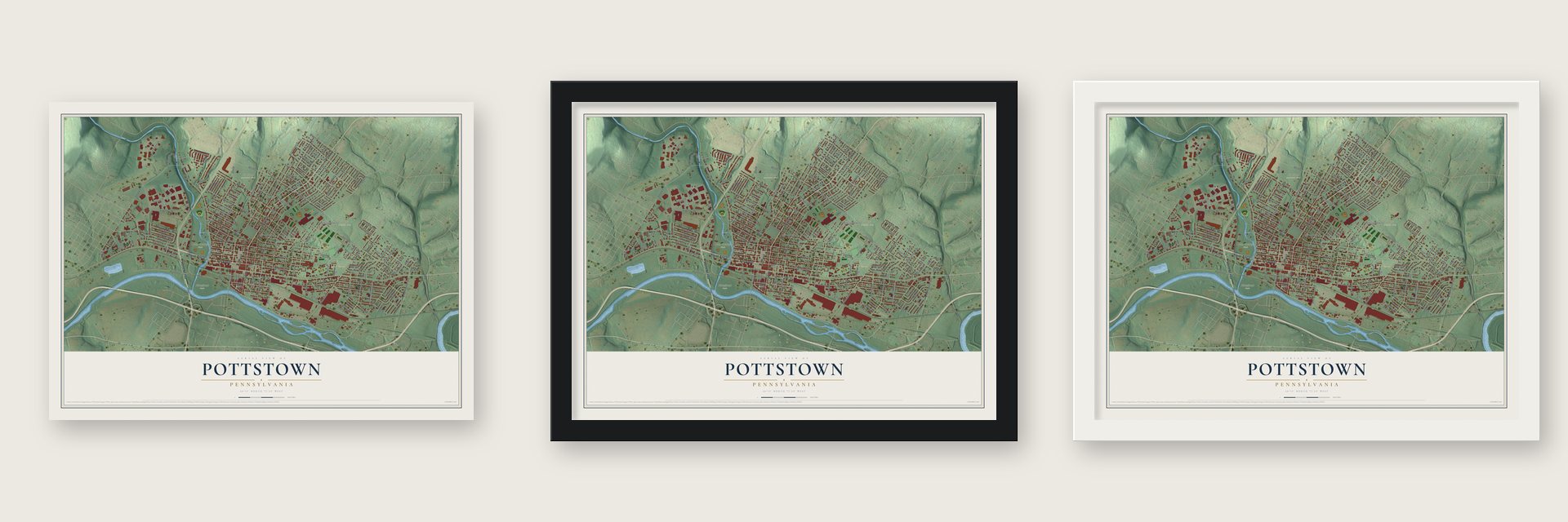 Pottstown, Pennsylvania map unframed, in a black wood frame and in a white wood frame