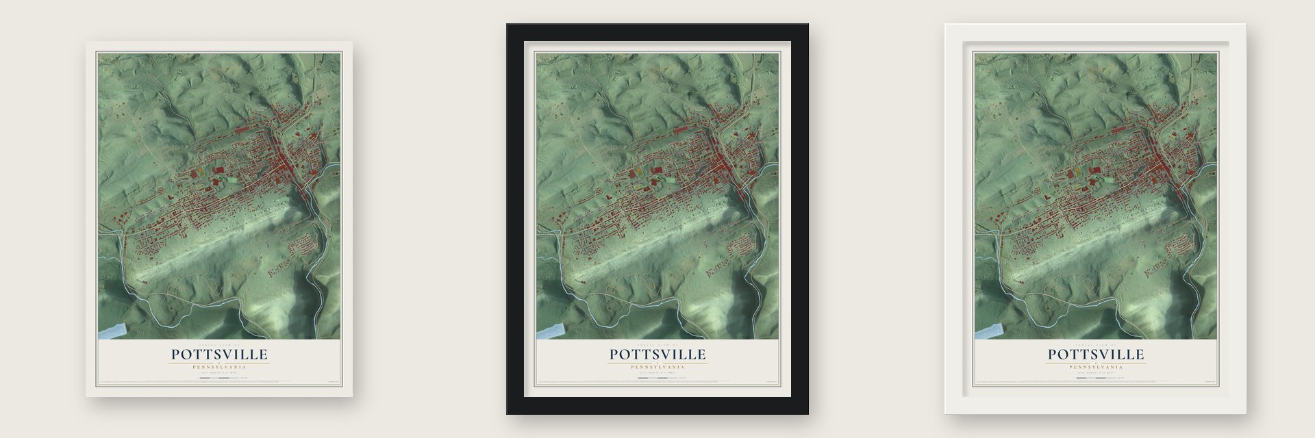 Pottsville, Pennsylvania map unframed, in a black wood frame and in a white wood frame