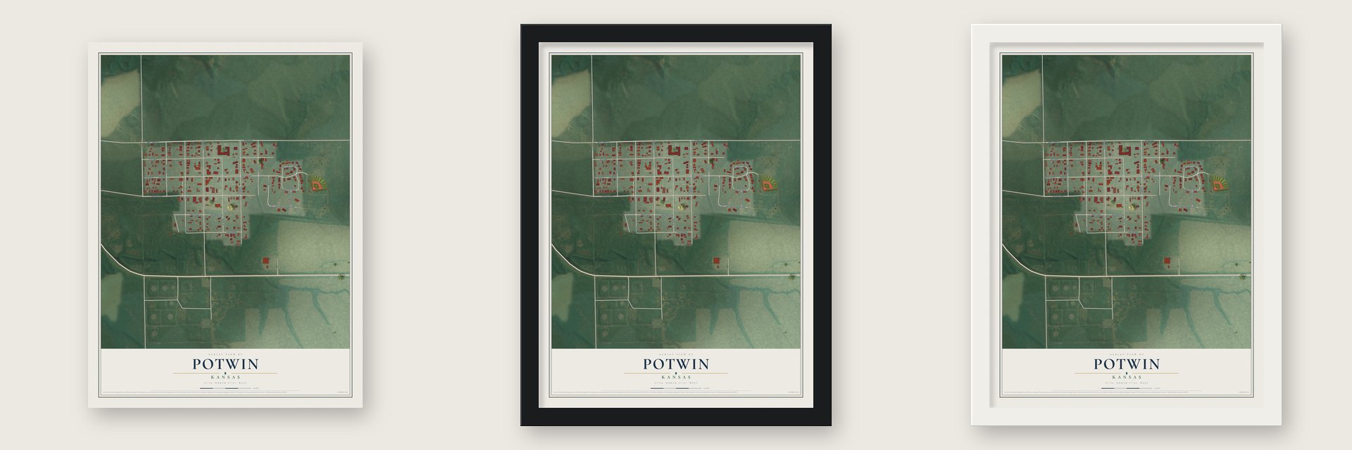 Potwin, Kansas map unframed, in a black wood frame and in a white wood frame