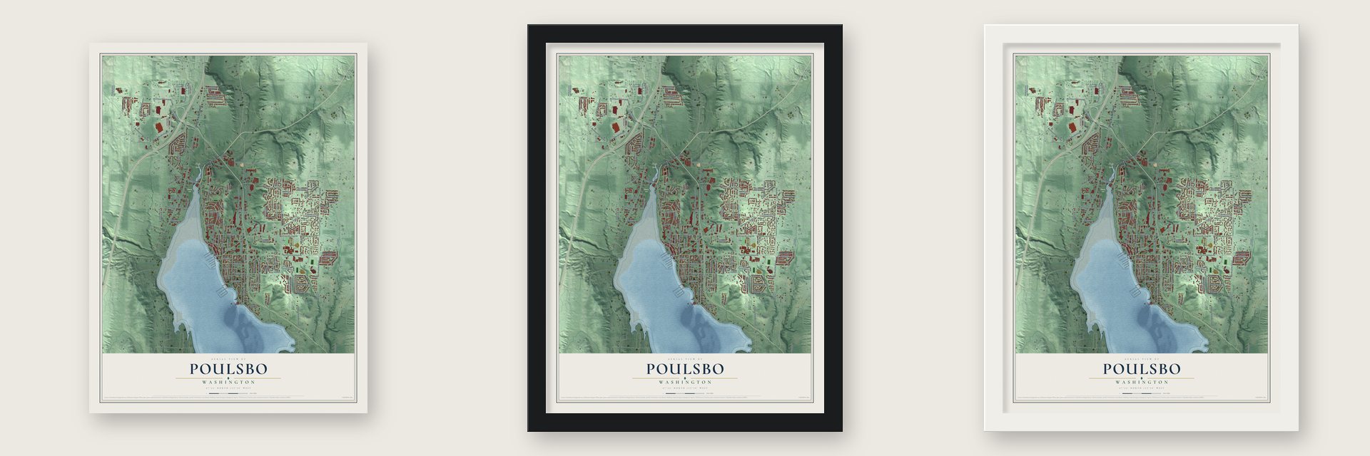 Poulsbo, Washington map unframed, in a black wood frame and in a white wood frame
