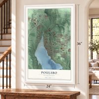 Poulsbo, Washington map, 24 x 36 inch print in a white frame by a staircase