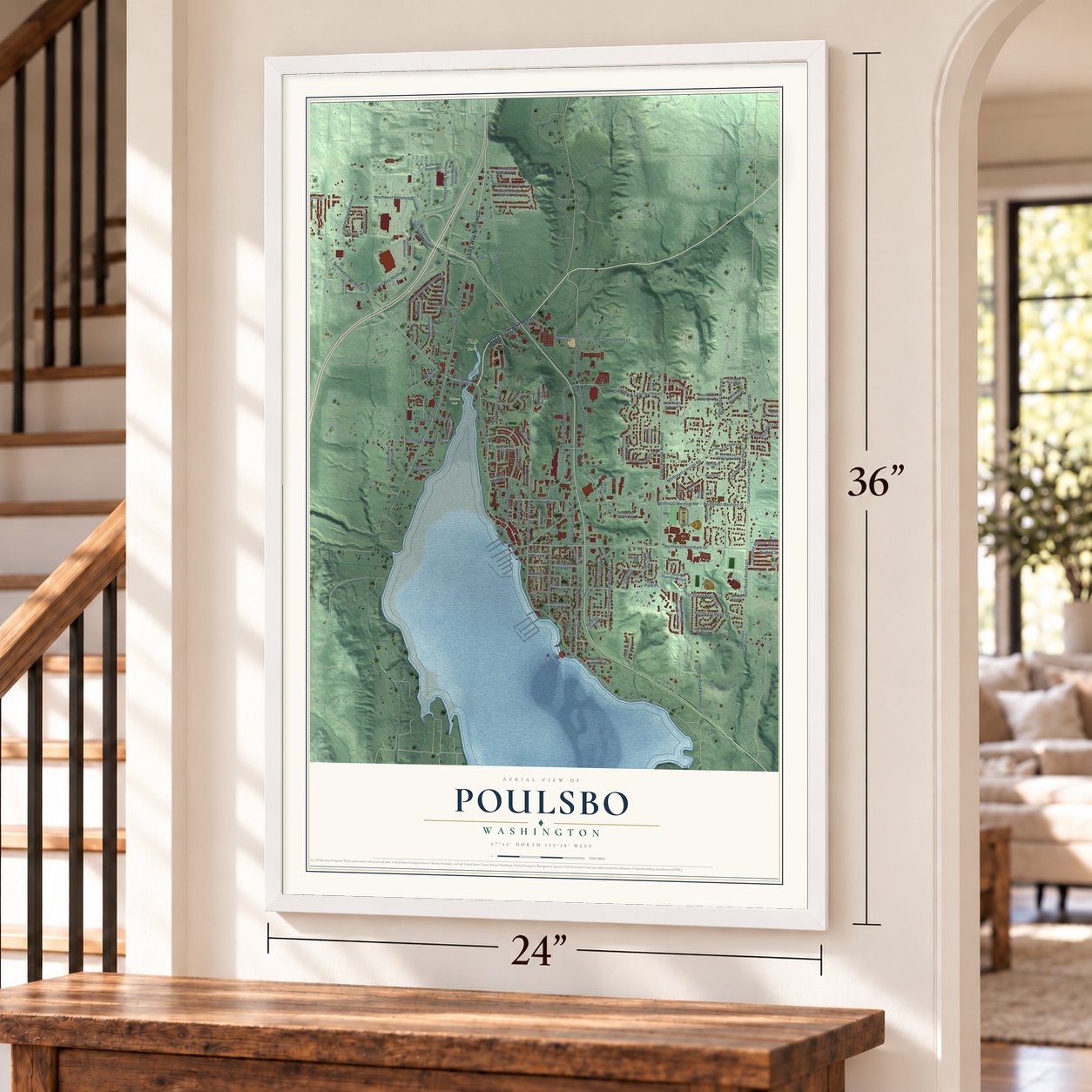 Poulsbo, Washington map, 24 x 36 inch print in a white frame by a staircase