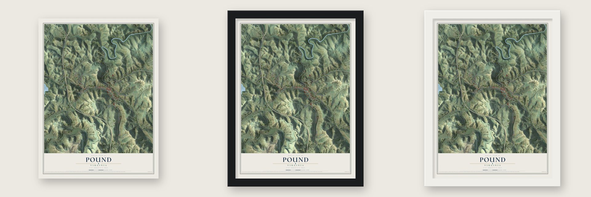 Pound, Virginia map unframed, in a black wood frame and in a white wood frame