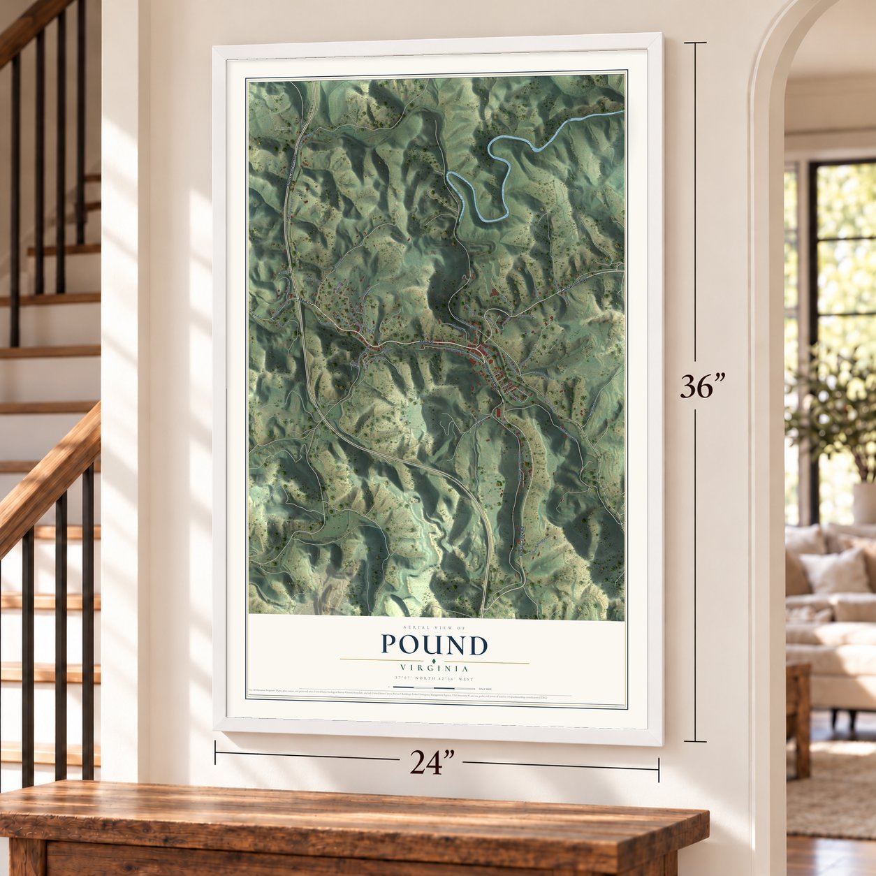 Pound, Virginia map, 24 x 36 inch print in a white frame by a staircase