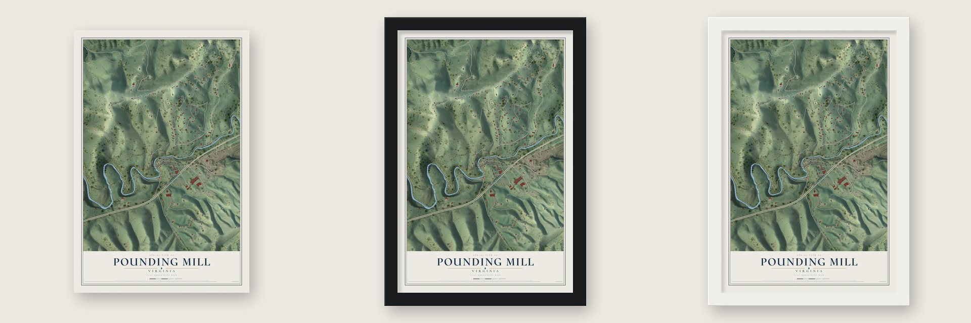 Pounding Mill, Virginia map unframed, in a black wood frame and in a white wood frame