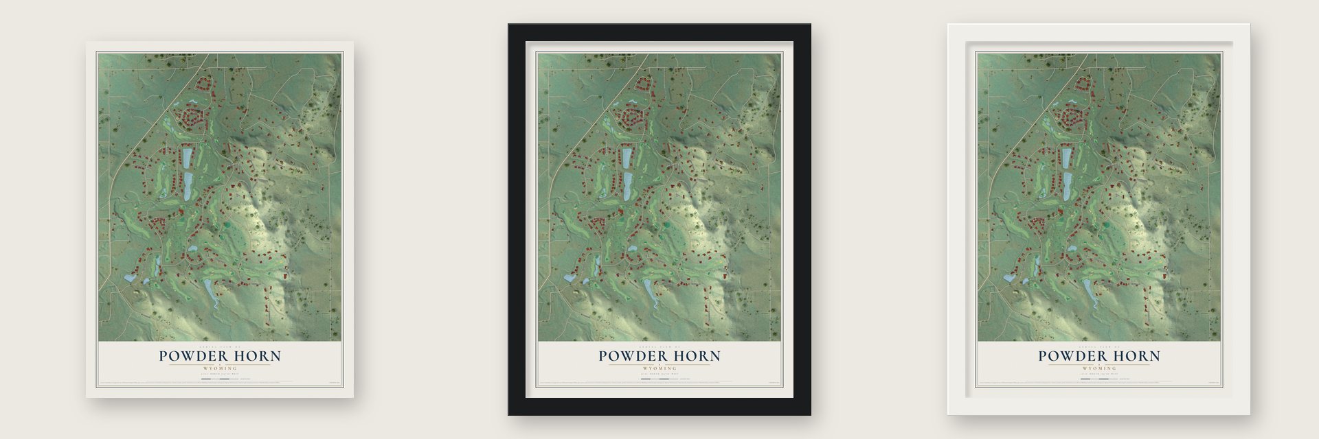 Powder Horn, Wyoming map unframed, in a black wood frame and in a white wood frame