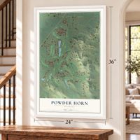Powder Horn, Wyoming map, 24 x 36 inch print in a white frame by a staircase