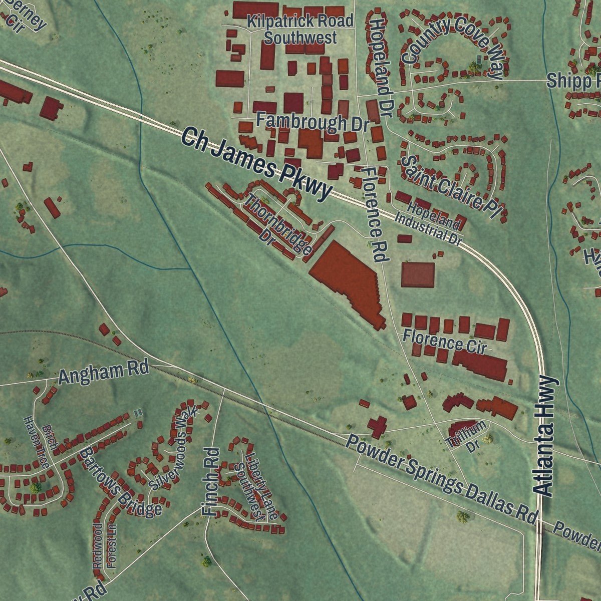 Second close-up of the map of Powder Springs, Georgia print showing more streets and buildings