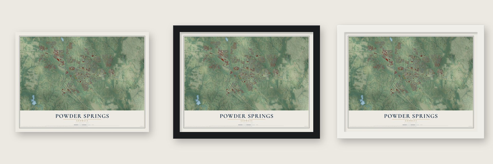Powder Springs, Georgia map unframed, in a black wood frame and in a white wood frame