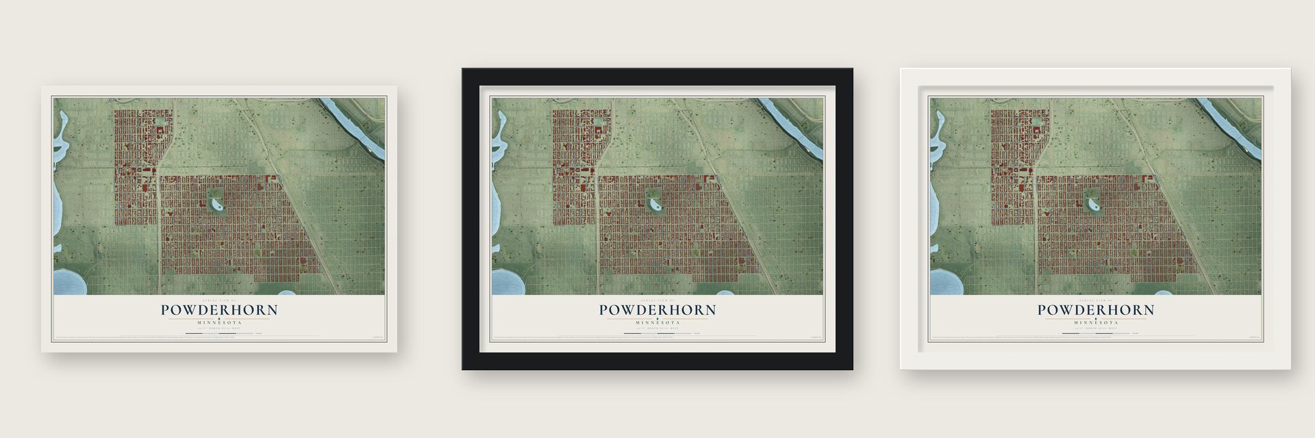 Powderhorn, Minnesota map unframed, in a black wood frame and in a white wood frame
