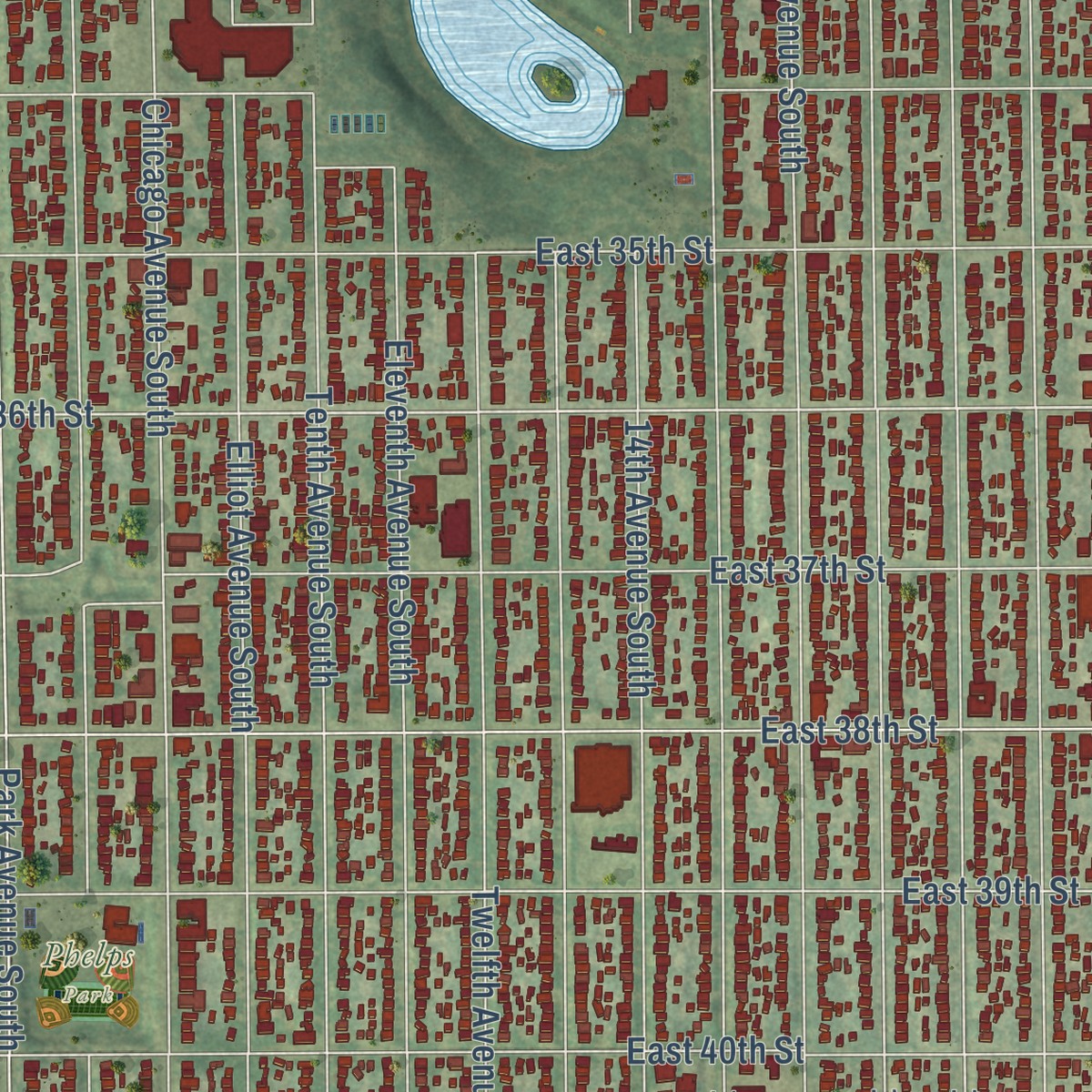 Second close-up of the map of Powderhorn, Minnesota print showing more streets and buildings