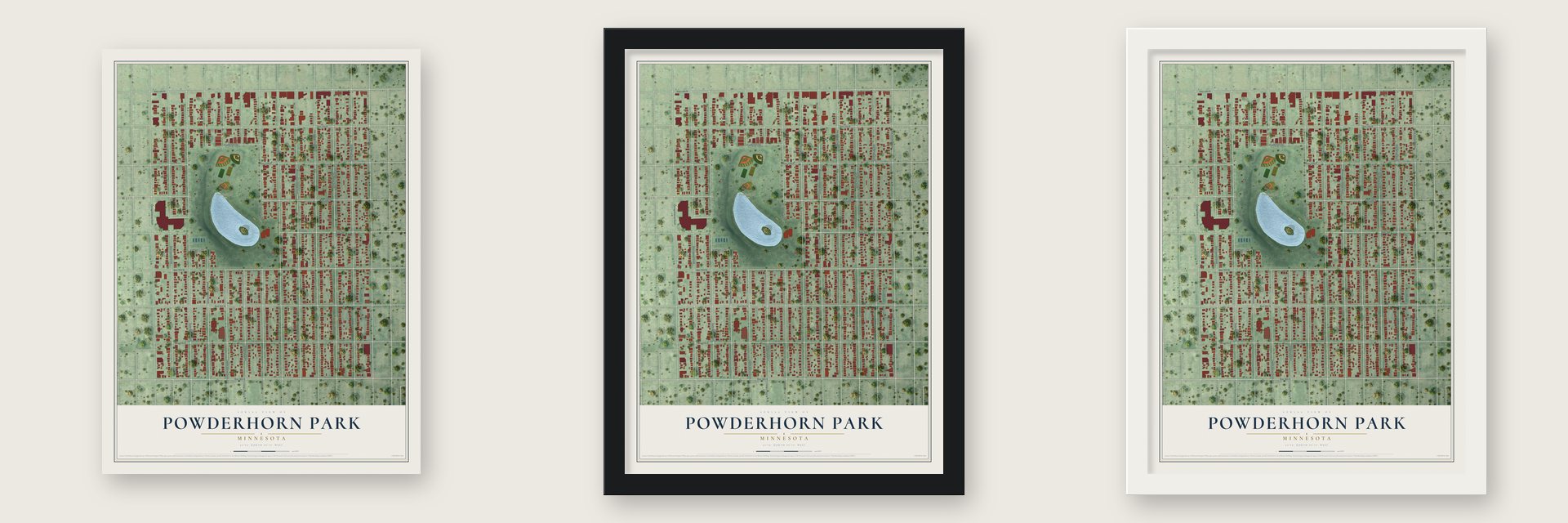 Powderhorn Park, Minnesota map unframed, in a black wood frame and in a white wood frame