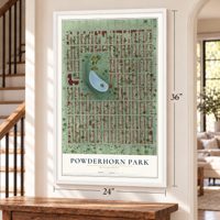 Powderhorn Park, Minnesota map, 24 x 36 inch print in a white frame by a staircase
