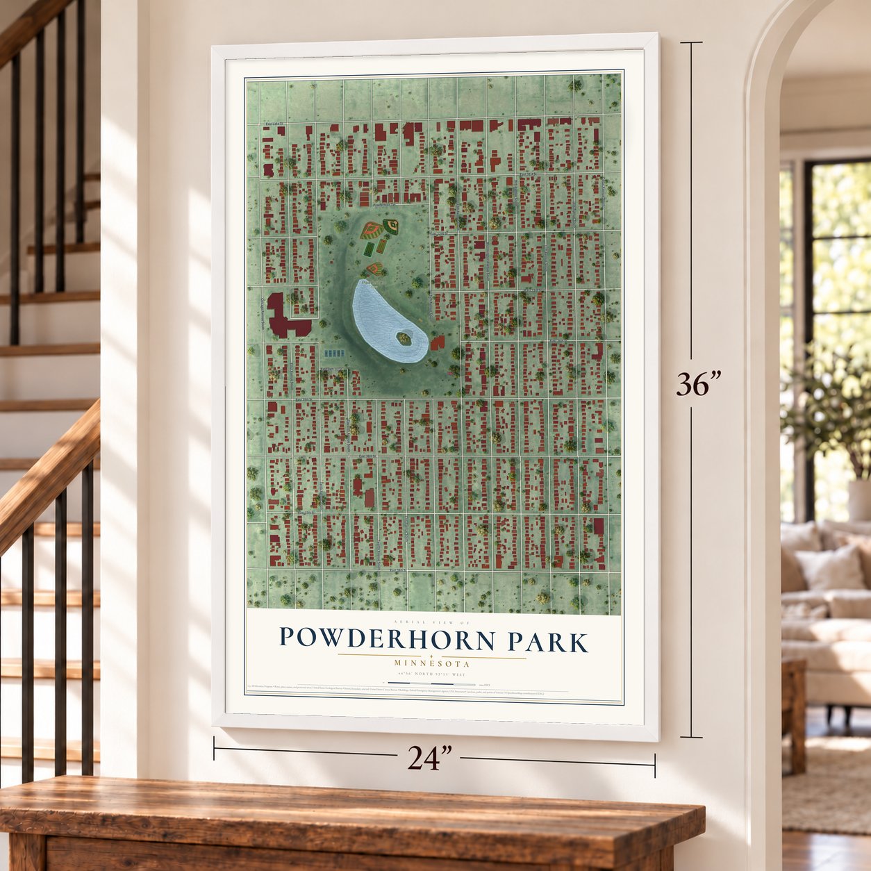 Powderhorn Park, Minnesota map, 24 x 36 inch print in a white frame by a staircase