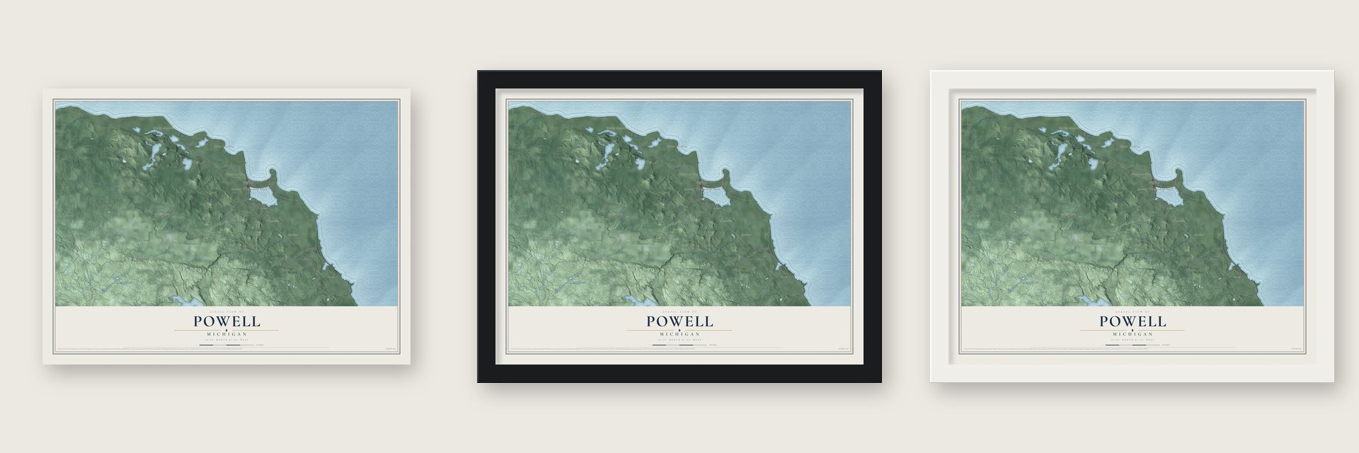 Powell, Michigan map unframed, in a black wood frame and in a white wood frame