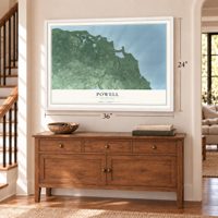 Powell, Michigan map, 24 x 36 inch print in a white frame above a dresser by a staircase