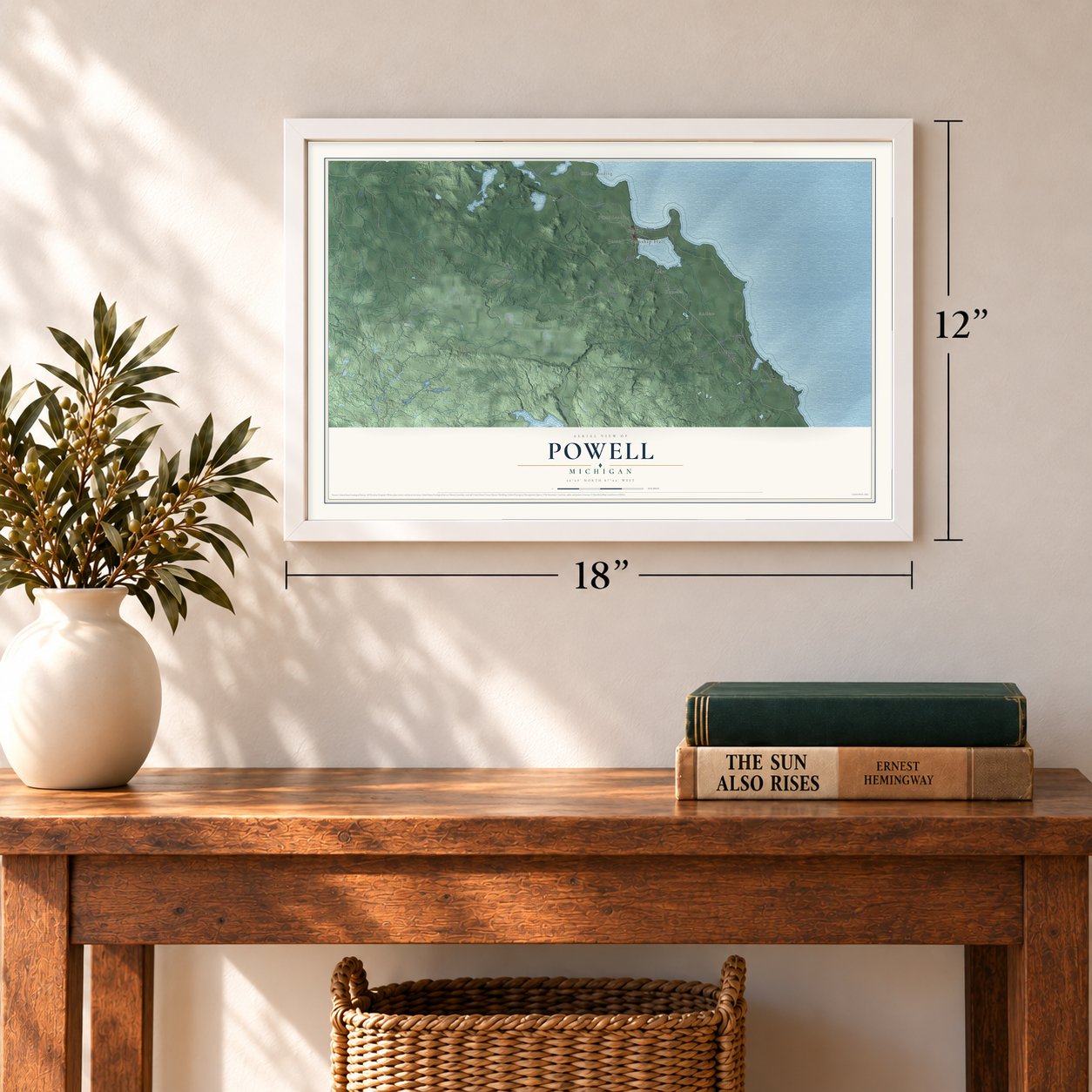 Powell, Michigan map, 12 x 18 inch print in a white frame in an entryway
