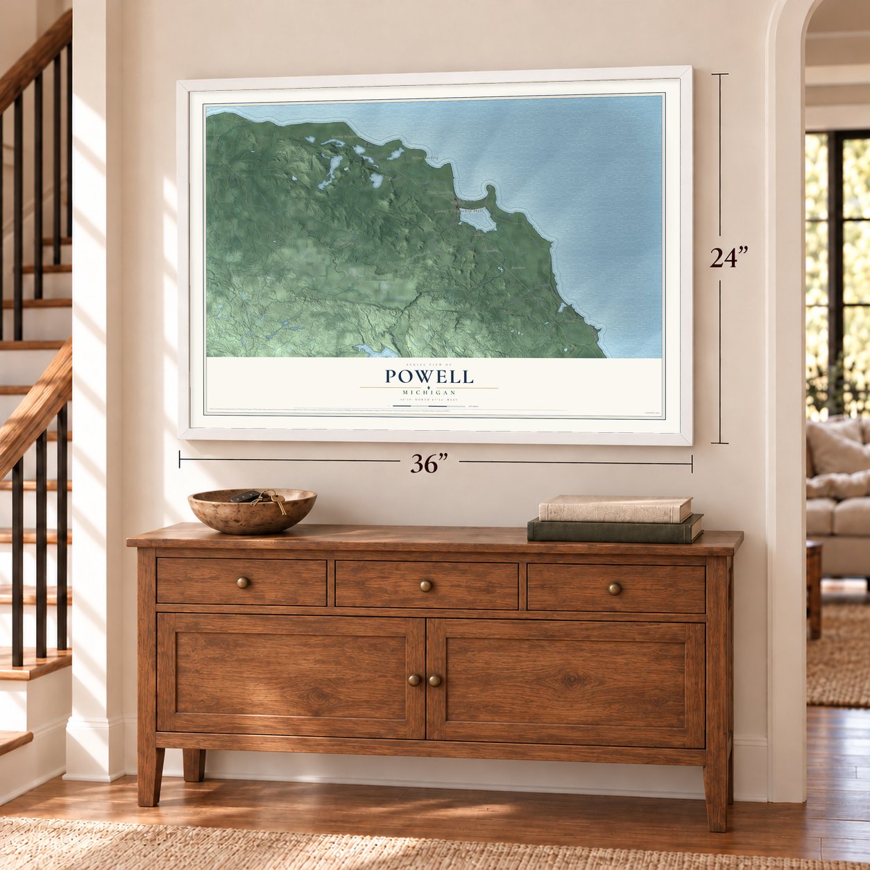 Powell, Michigan map, 24 x 36 inch print in a white frame above a dresser by a staircase