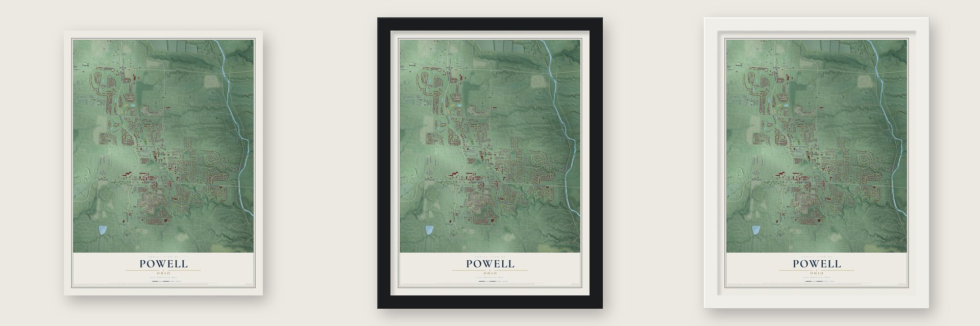Powell, Ohio map unframed, in a black wood frame and in a white wood frame