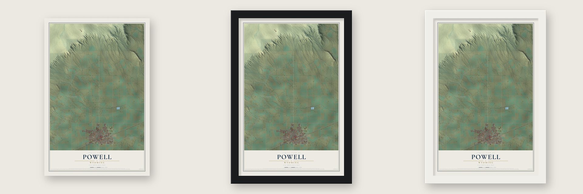 Powell, Wyoming map unframed, in a black wood frame and in a white wood frame