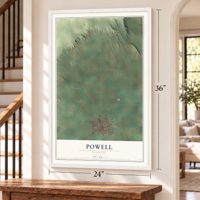 Powell, Wyoming map, 24 x 36 inch print in a white frame by a staircase