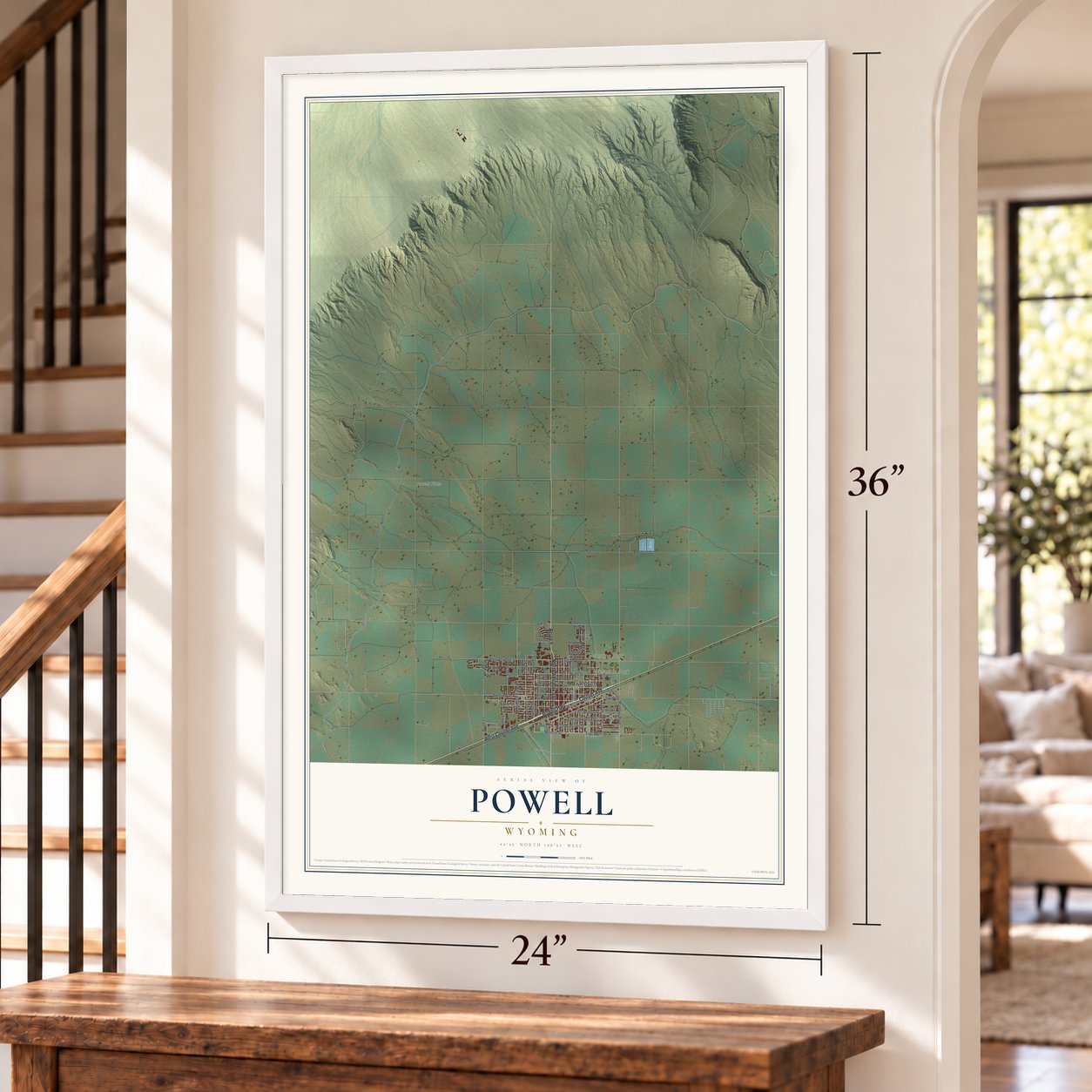 Powell, Wyoming map, 24 x 36 inch print in a white frame by a staircase