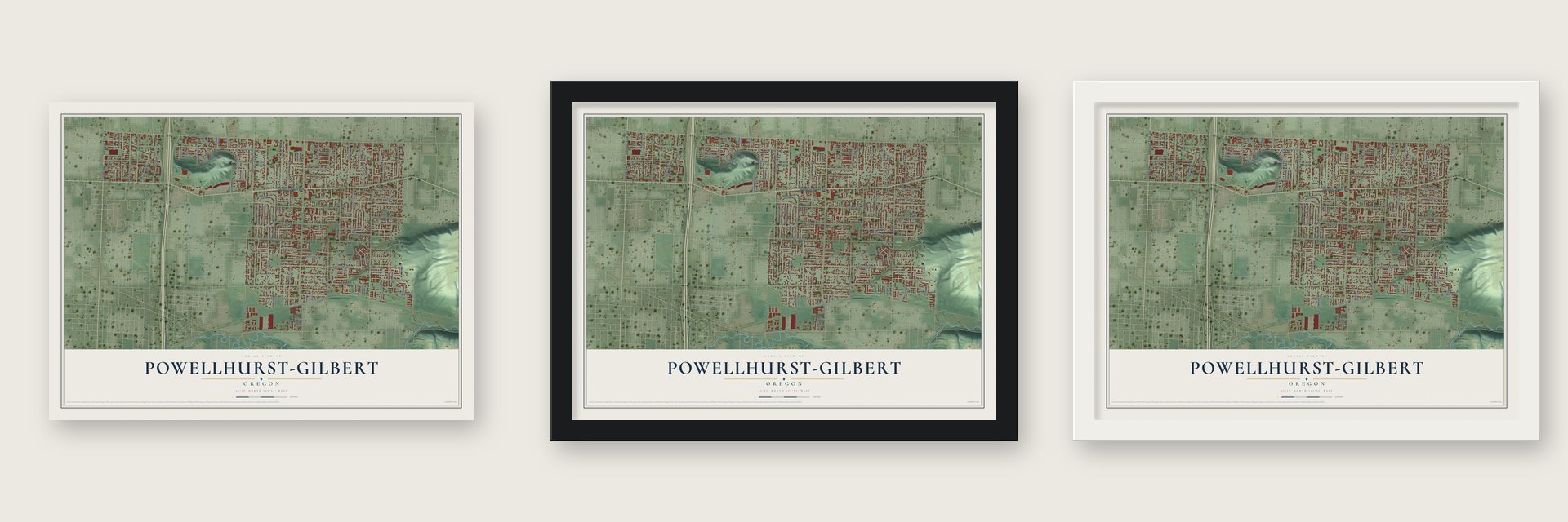 Powellhurst-Gilbert, Oregon map unframed, in a black wood frame and in a white wood frame