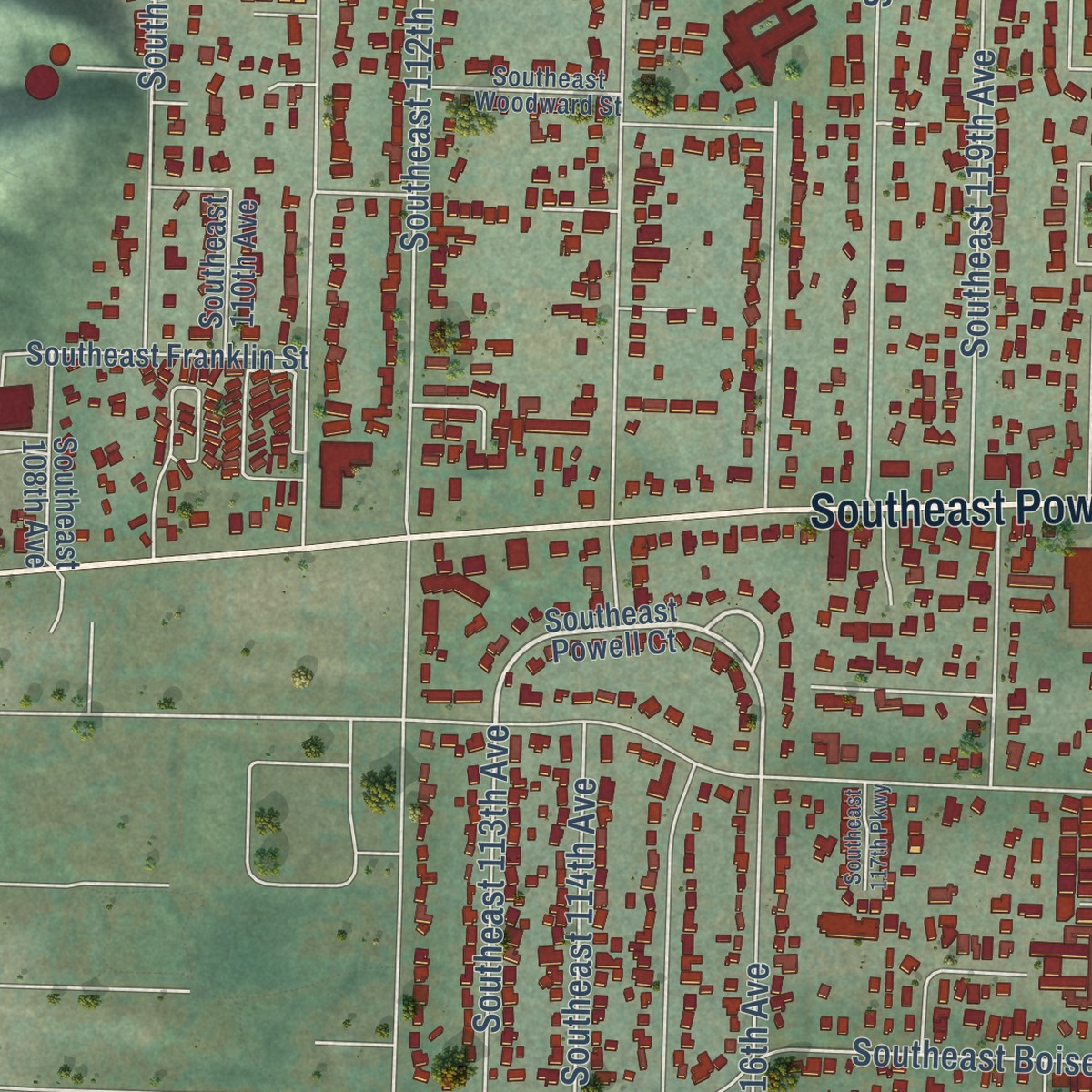 Second close-up of the map of Powellhurst-Gilbert, Oregon print showing more streets and buildings