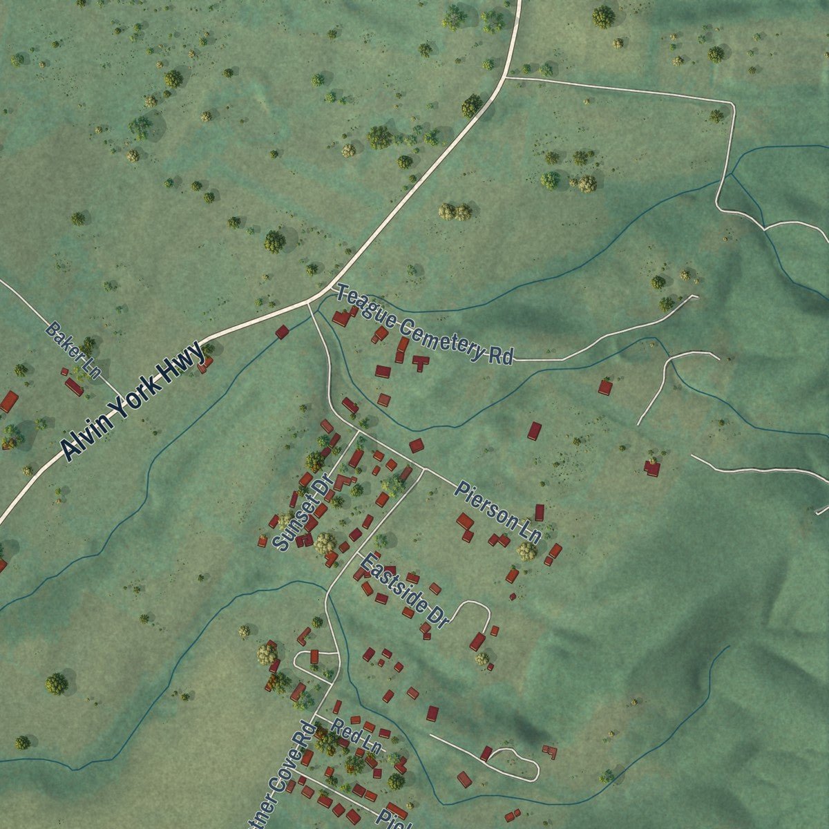 Second close-up of the map of Powells Crossroads, Tennessee print showing more streets and buildings