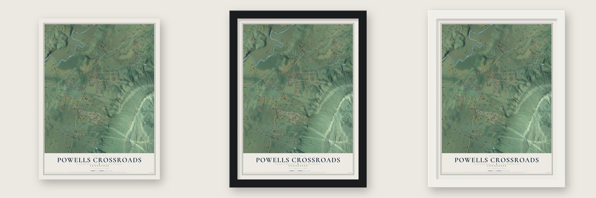 Powells Crossroads, Tennessee map unframed, in a black wood frame and in a white wood frame