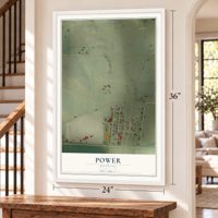 Power, Montana map, 24 x 36 inch print in a white frame by a staircase