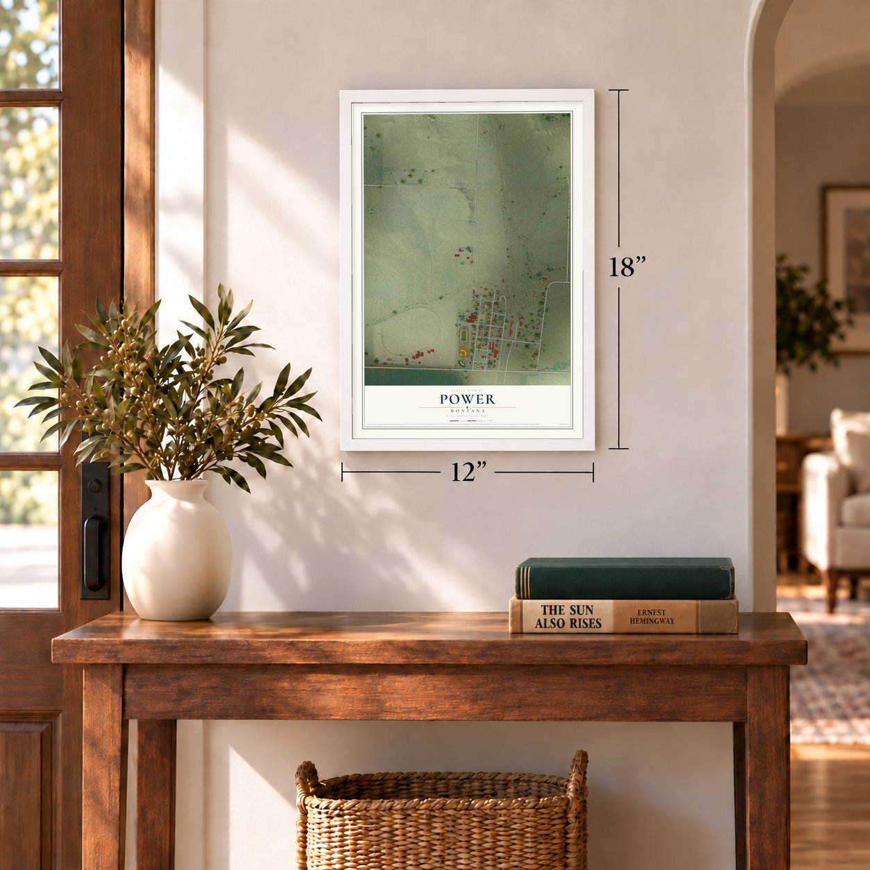 Power, Montana map, 12 x 18 inch print in a white frame in an entryway