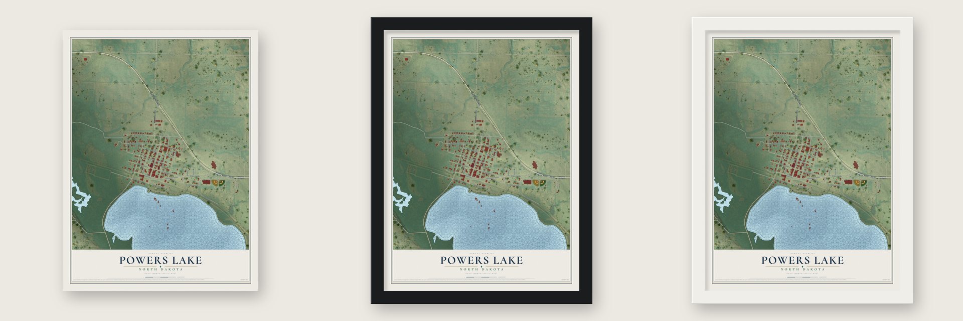 Powers Lake, North Dakota map unframed, in a black wood frame and in a white wood frame