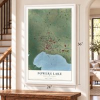 Powers Lake, North Dakota map, 24 x 36 inch print in a white frame by a staircase