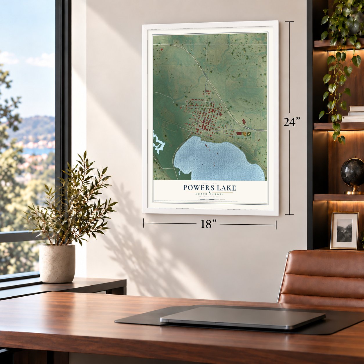 Powers Lake, North Dakota map, 18 x 24 inch print in a white frame in a home office